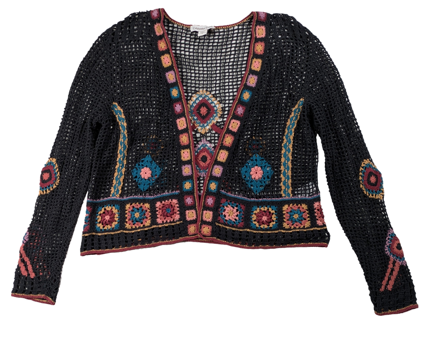 Coldwater Creek Multicolor Crochet Sweater Size Small Stay cozy and stylish with this Coldwater Creek Multicolor Crochet Sweater in size small. Handcrafted with croc