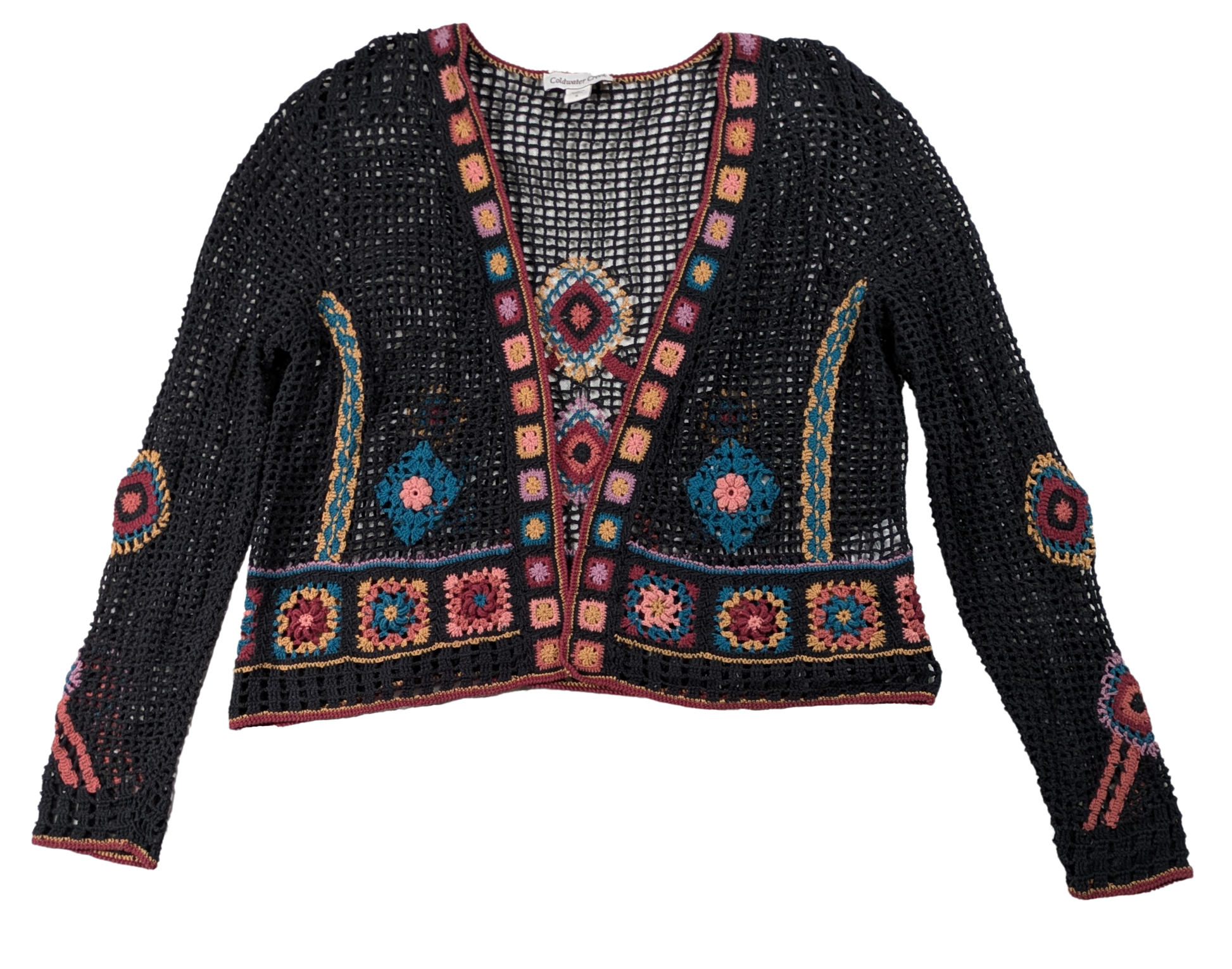 Coldwater Creek Multicolor Crochet Sweater Size Small Stay cozy and stylish with this Coldwater Creek Multicolor Crochet Sweater in size small. Handcrafted with croc