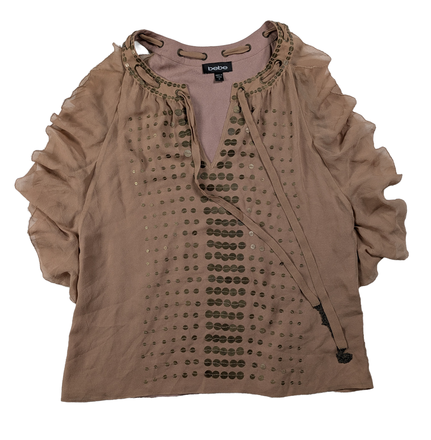 Bebe Silk Shell with Brass Sequins and Tie Neck Size Medium Add some fun and whimsy to your wardrobe with the Bebe Silk Shell. This sleeveless tank features a playfu