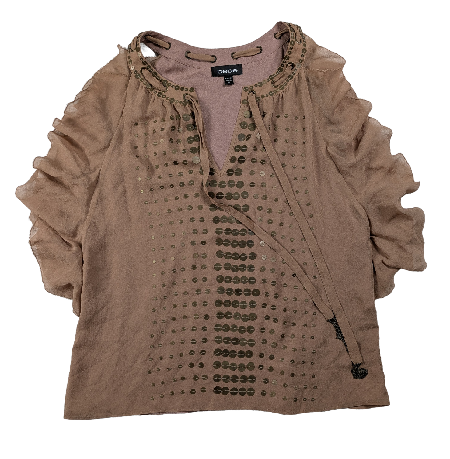 Bebe Silk Shell with Brass Sequins and Tie Neck Size Medium Add some fun and whimsy to your wardrobe with the Bebe Silk Shell. This sleeveless tank features a playfu