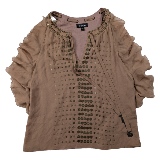 Bebe Silk Shell with Brass Sequins and Tie Neck Size Medium Add some fun and whimsy to your wardrobe with the Bebe Silk Shell. This sleeveless tank features a playfu