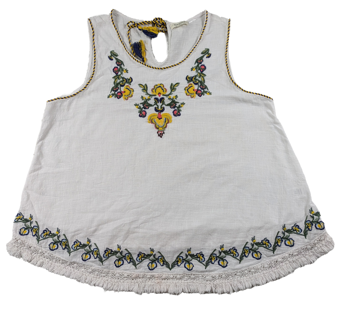 Max Studio Embroidered Swing Tank Size XL Get ready to swing into style with this Max Studio embroidered tank! Featuring a playful fringe hem, this tank will add a t