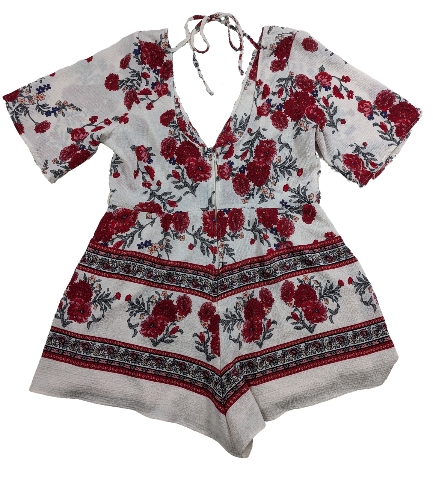 Row A White Romper with Red Flowers and Criss Cross Front Size XL
