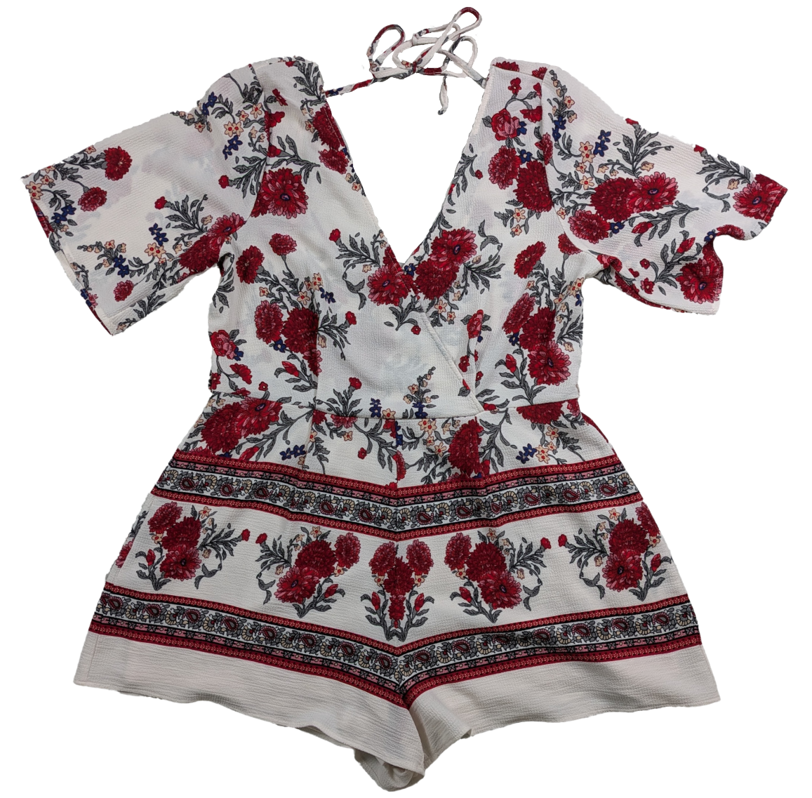 Row A White Romper with Red Flowers and Criss Cross Front Size XL