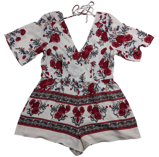 Row A White Romper with Red Flowers and Criss Cross Front Size XL