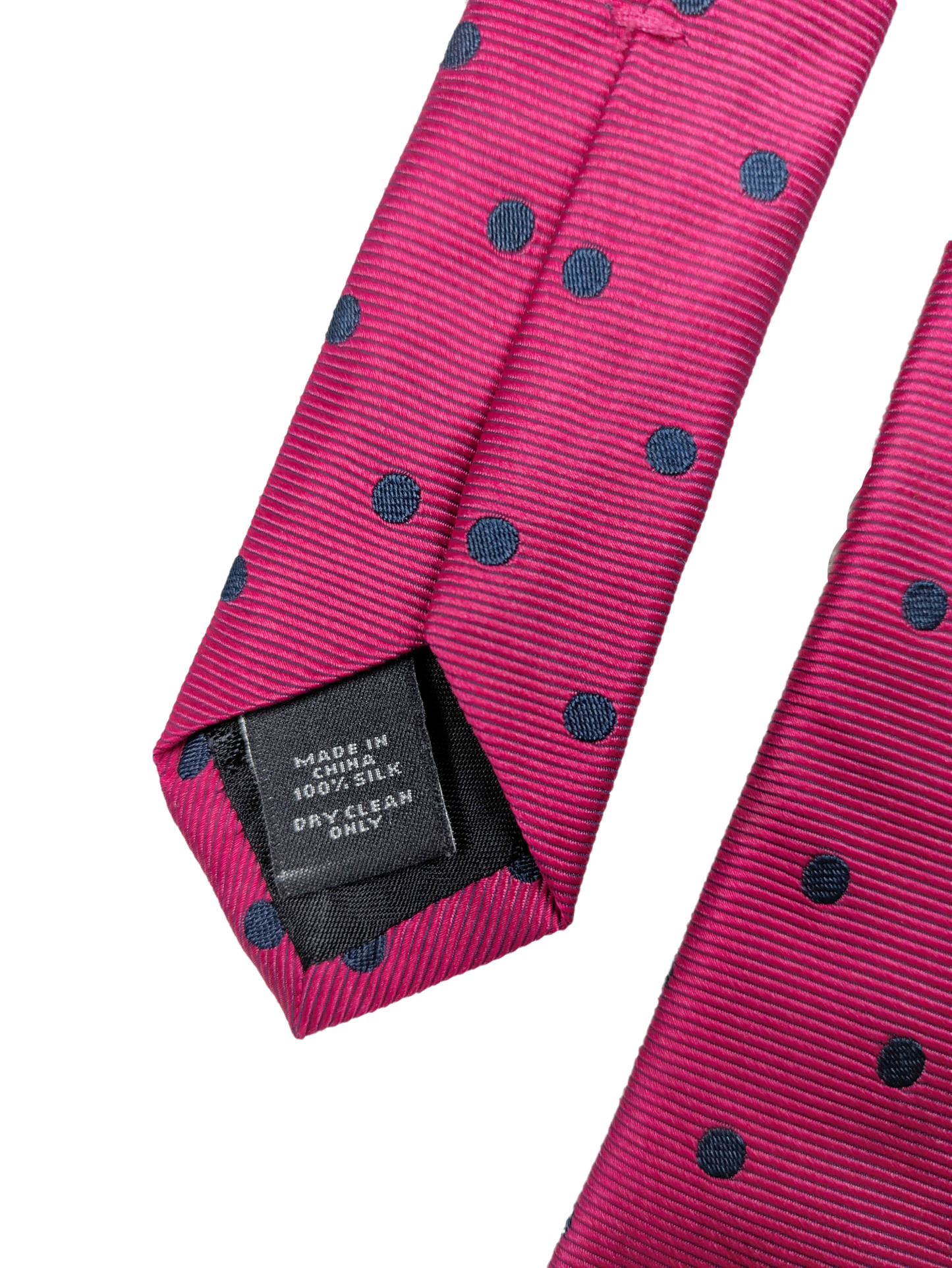 Express Hot Pink Silk Tie with Blue Polka Dots Slay any outfit with our Express Hot Pink Silk Tie featuring charming blue polka dots. Made from 100% silk, this tie e