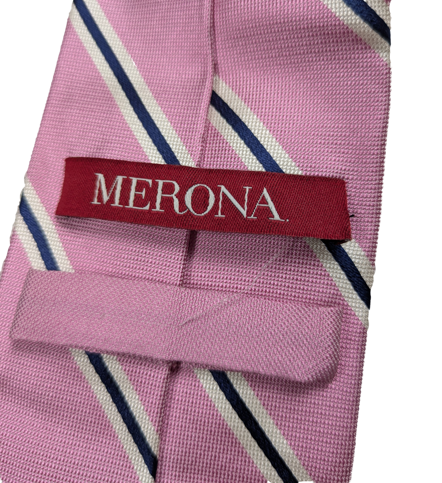 Merona 100% Silk Petal Pink Tie with Navy and White Slanted Stripes Embrace sophistication with the Merona 100% Silk Tie. Crafted with luxurious silk, this Merona ti