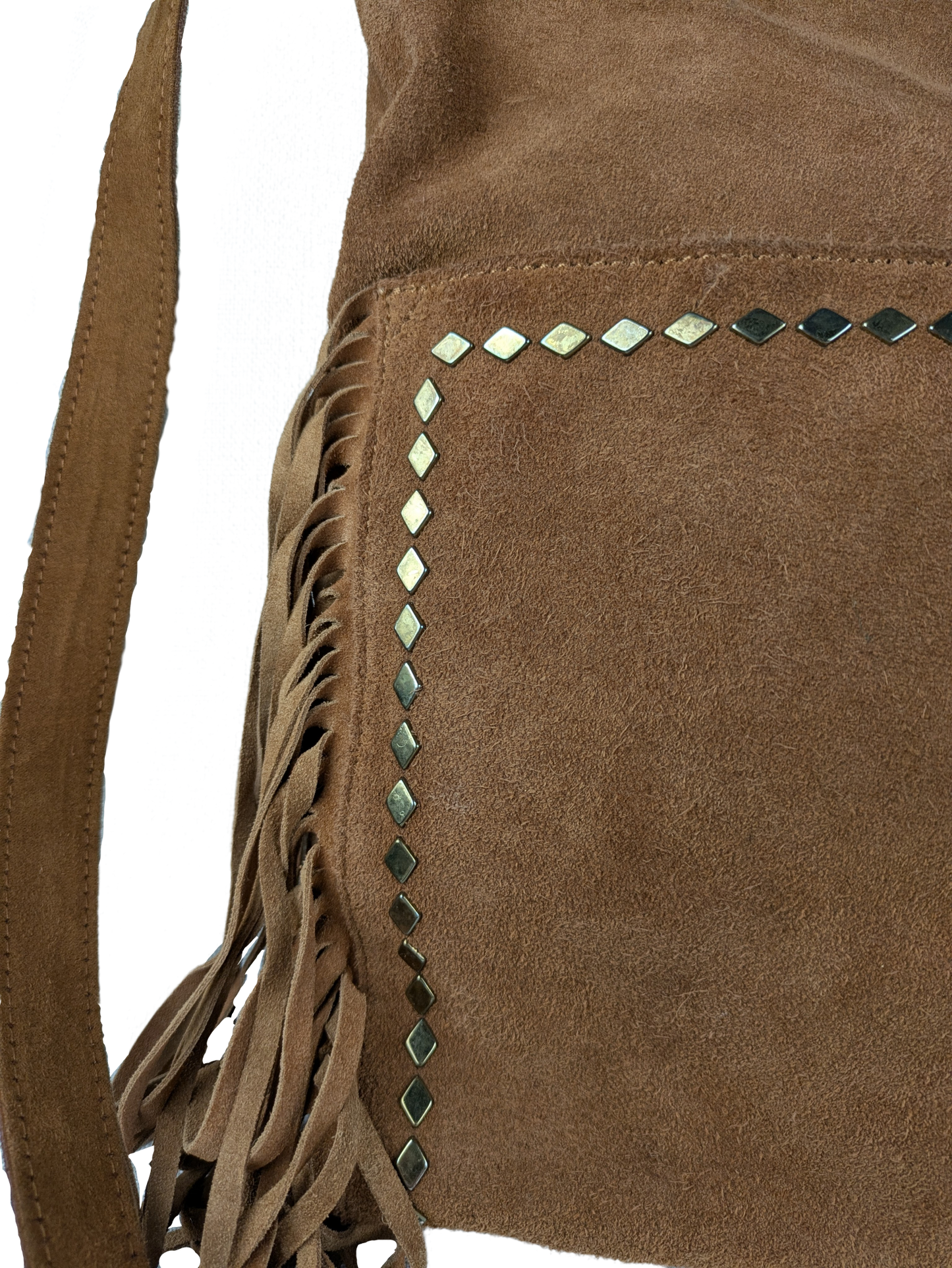 Steve Madden Tan Suede Studded Boho Western Cowgirl Fringed Shoulder B Indulge in the boho-chic style with the Steve Madden Tan Suede Studded Fringed Shoulder Bag. M