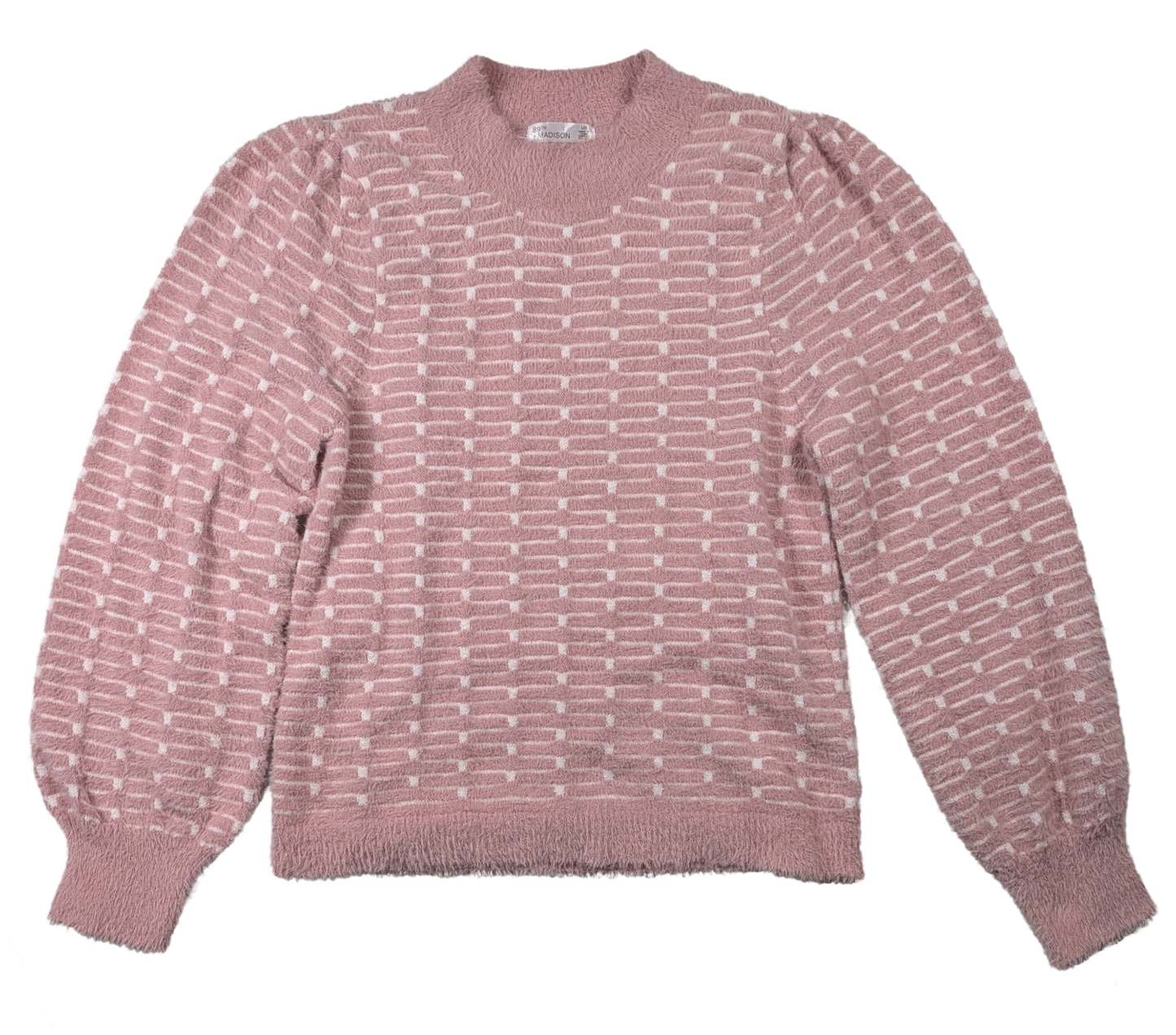 89th & Madison Fuzzy Pink Sweater with Puffy Sleeves Size Large Stay cozy and stylish in the 89th & Madison Fuzzy Pink Sweater with Puffy Sleeves. The soft, fuzz