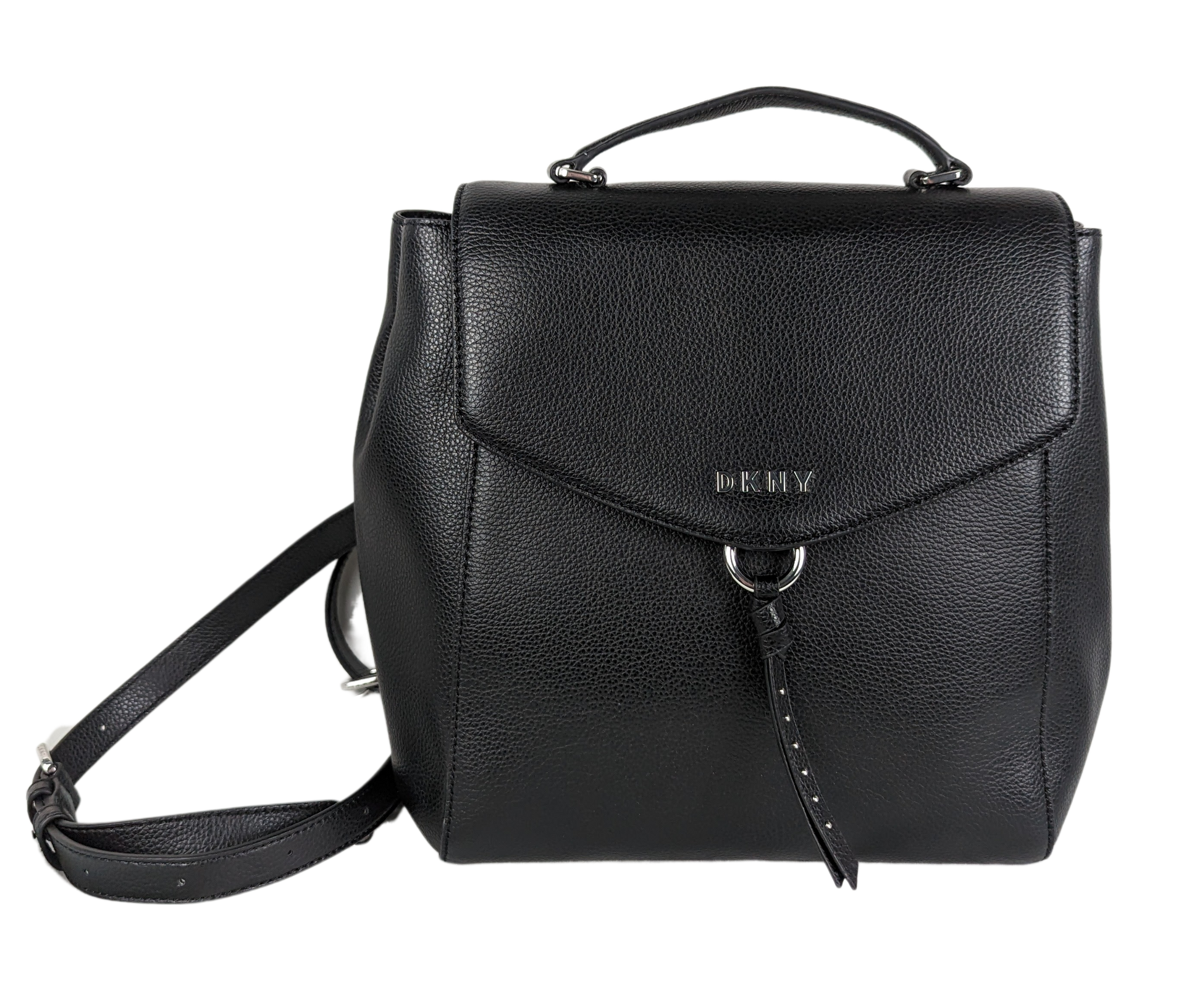 DKNYStylish version of the indispensable backpack, with lots of room for your daily essentials!  In excellent condition!
Measures:  L - 10"  W - 3"  H - 11 1/2"  Strap -HandbagDKNY Black Leather Backpack EUCDKNY Black Leather Backpack EUC