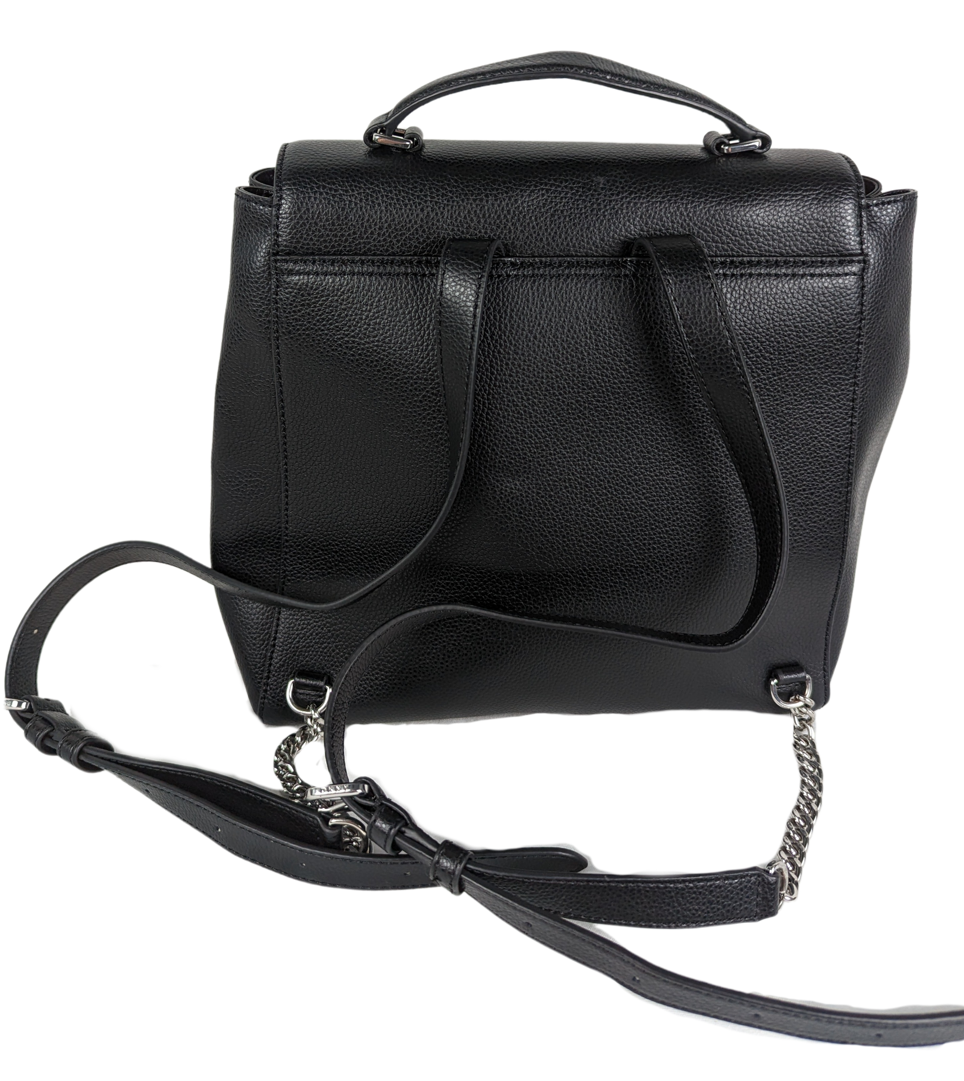 DKNYStylish version of the indispensable backpack, with lots of room for your daily essentials!  In excellent condition!
Measures:  L - 10"  W - 3"  H - 11 1/2"  Strap -HandbagDKNY Black Leather Backpack EUCDKNY Black Leather Backpack EUC