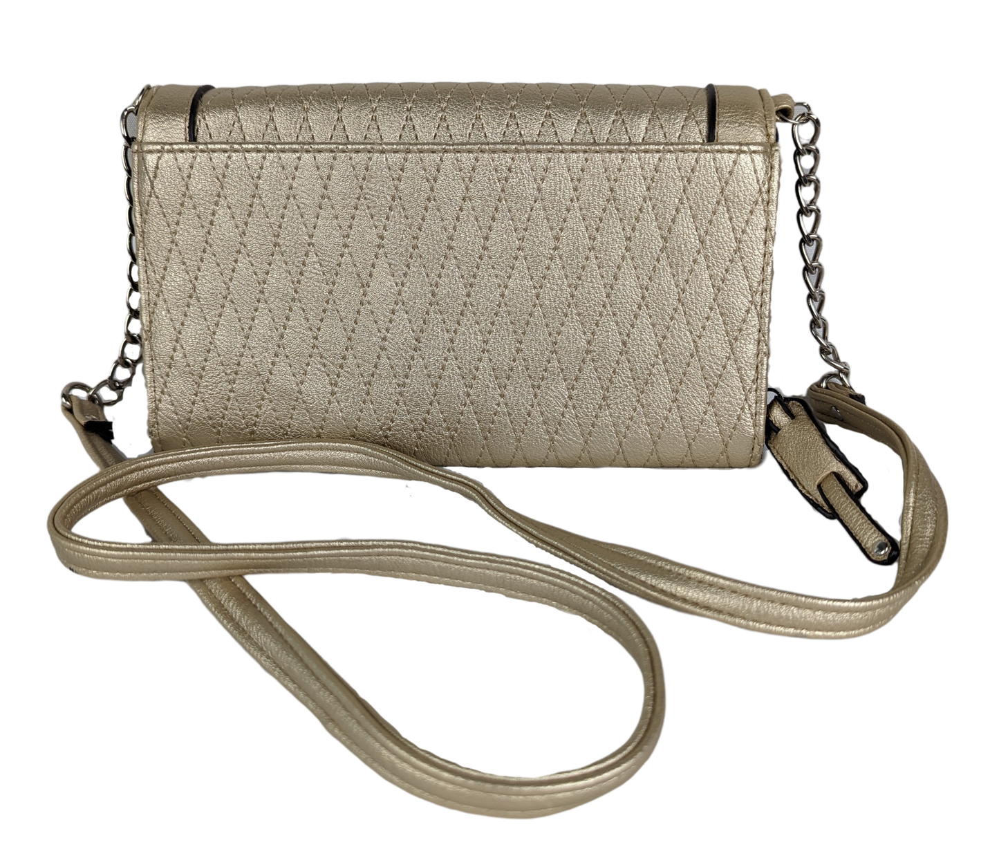 Franco SartoGood looking bag for everyday use, or for a special event!
Measurements:  L - 8 1/2"  W - 1"  H - 5 1/2"  Strap - 48"HandbagFranco Sarto Light Gold CrossbodyFranco Sarto Light Gold Crossbody