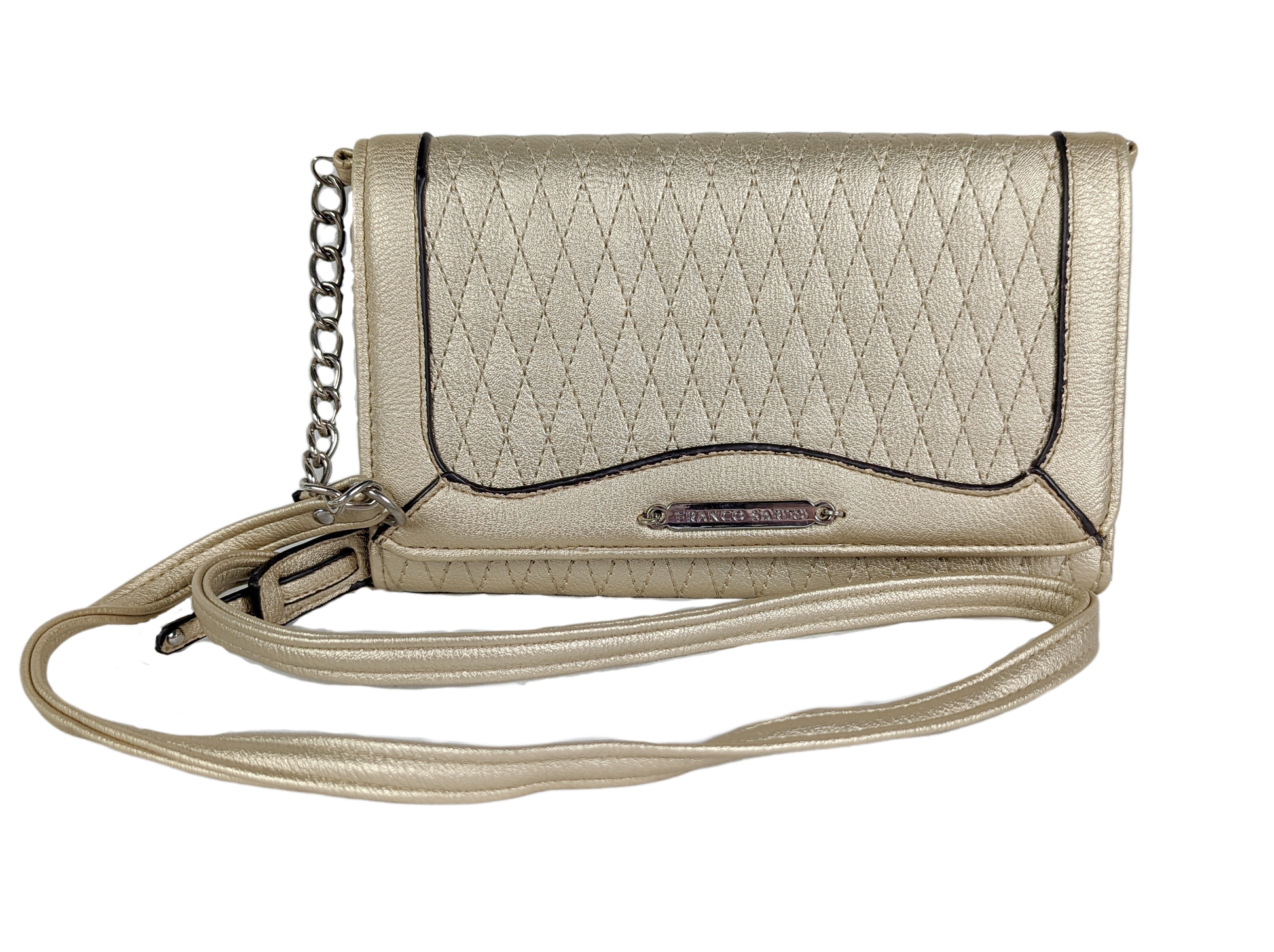 Franco SartoGood looking bag for everyday use, or for a special event!
Measurements:  L - 8 1/2"  W - 1"  H - 5 1/2"  Strap - 48"HandbagFranco Sarto Light Gold CrossbodyFranco Sarto Light Gold Crossbody