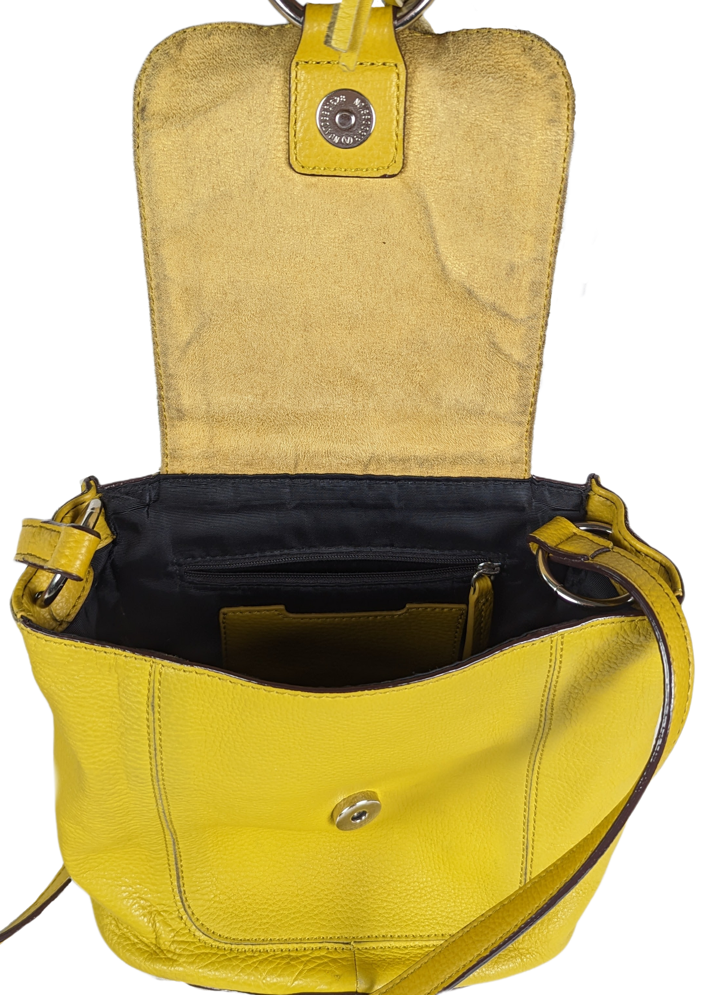 Sanctuary Yellow Leather Bucket Purse - Anthropology with adjustable strap.  Magnetic snap closure with tassel detail. Back pocket and lined interior with pockets. Minor diPurse, handbagSanctuary Yellow Leather Bucket Purse - AnthropoloySanctuary Yellow Leather Bucket Purse - Anthropoloy