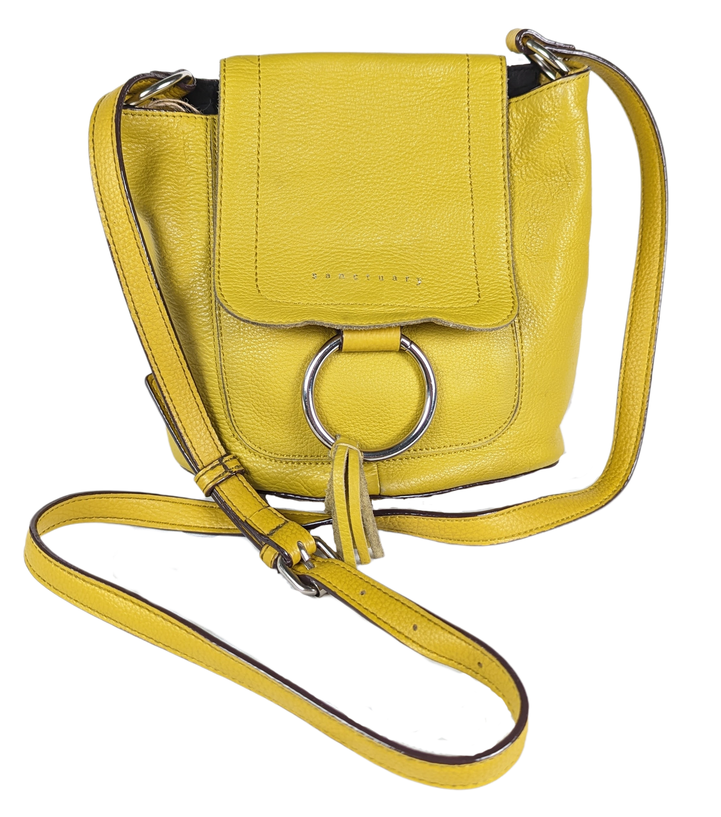 Sanctuary Yellow Leather Bucket Purse - Anthropology with adjustable strap.  Magnetic snap closure with tassel detail. Back pocket and lined interior with pockets. Minor diPurse, handbagSanctuary Yellow Leather Bucket Purse - AnthropoloySanctuary Yellow Leather Bucket Purse - Anthropoloy
