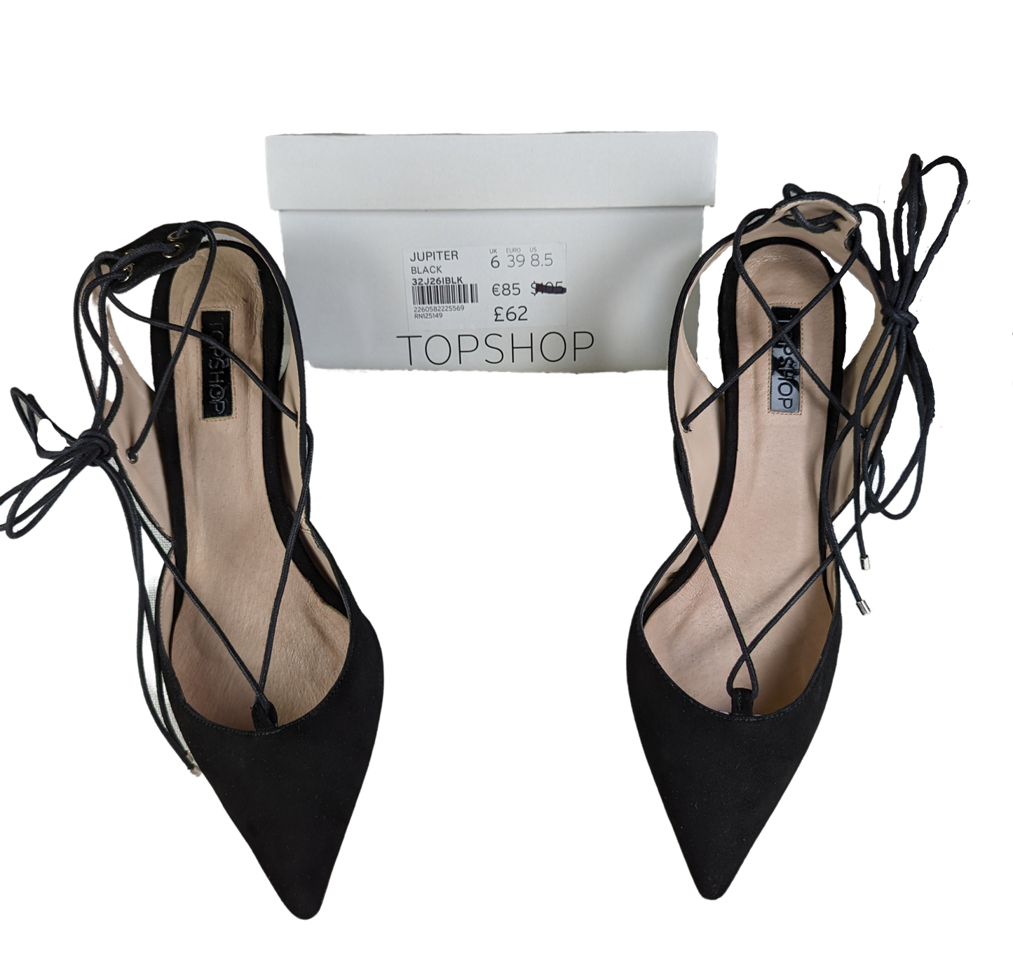 TopShop Jupiter Black Lace-up Heels Size 39 (8 1/2) Upgrade your shoe game with TopShop Jupiter Black Lace-up Heels. These fierce heels feature a pointy toe and lace