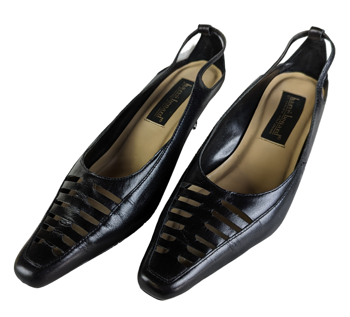 Harve Bernard Black Kitten Heels with Cut outs size 8W Step into style with these Harve Bernard Black Kitten Heels. Made of sleek black leather and featuring trendy