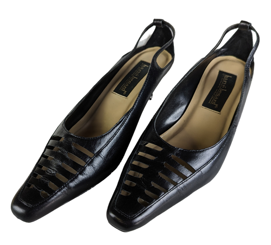 Harve Bernard Black Kitten Heels with Cut outs size 8W Step into style with these Harve Bernard Black Kitten Heels. Made of sleek black leather and featuring trendy