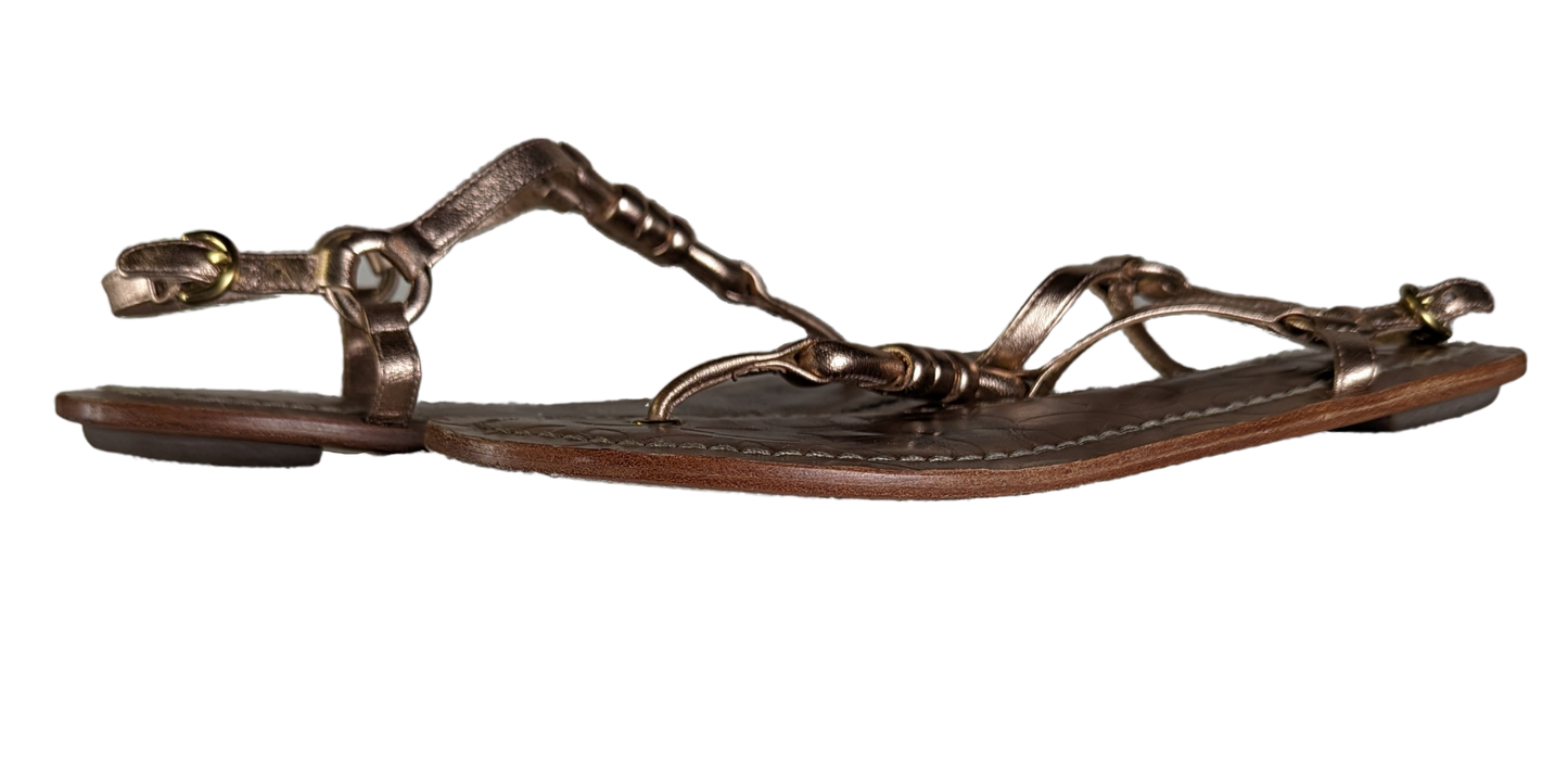 Coach Sawyer Rose Gold Leather Sandals Size 7.5 Strut your stuff in these Coach Sawyer Sandals! With a sleek rose gold leather design, these size 7.5 sandals offer a