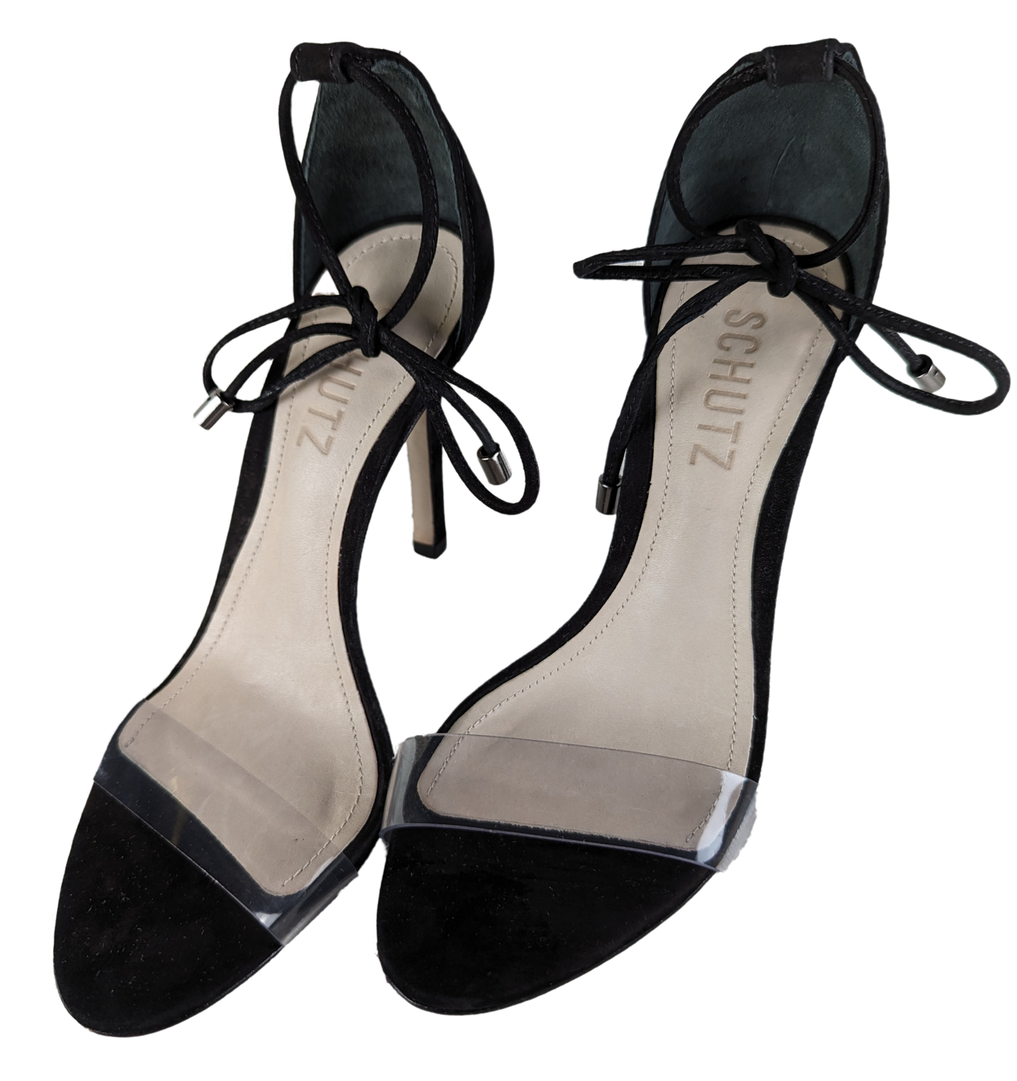 Schutz Black Suede Clear Strap Josseana Sandal Heels Size 5 Step out in style with these Schutz Black Suede Clear Strap Josseana Sandal Heels. The 4 inch heel adds a