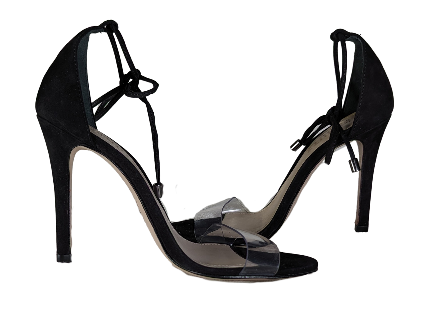 Schutz Black Suede Clear Strap Josseana Sandal Heels Size 5 Step out in style with these Schutz Black Suede Clear Strap Josseana Sandal Heels. The 4 inch heel adds a