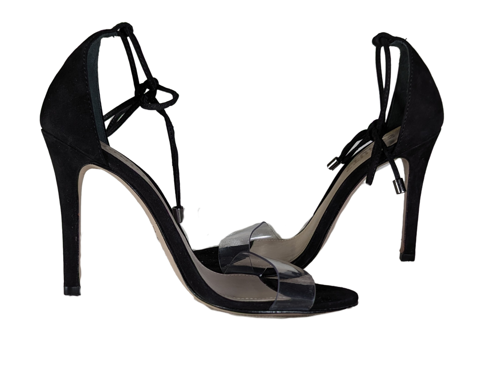 Schutz Black Suede Clear Strap Josseana Sandal Heels Size 5 Step out in style with these Schutz Black Suede Clear Strap Josseana Sandal Heels. The 4 inch heel adds a