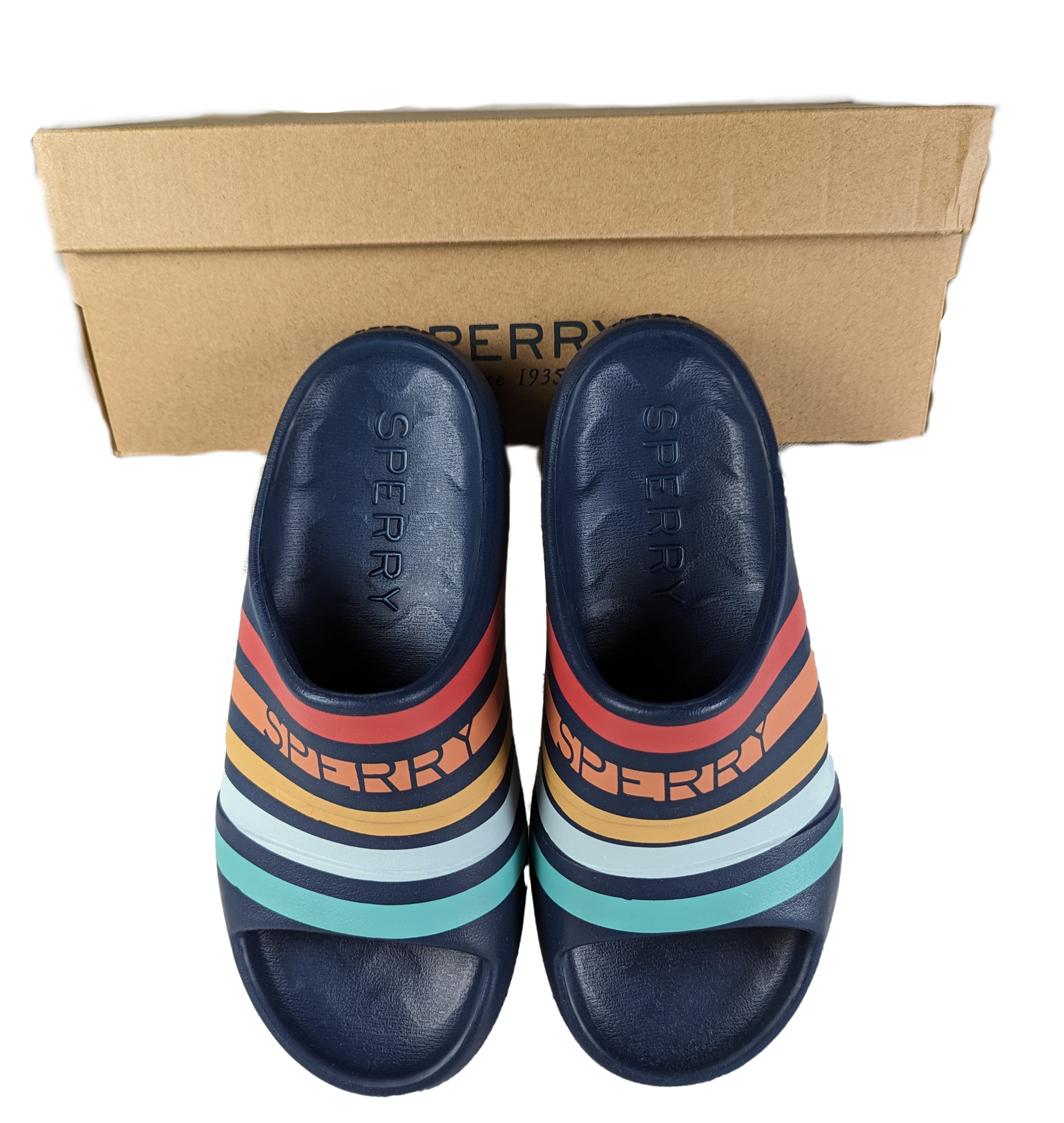 Sperry Windward Float Slide Sandal with Rainbow Stripes Size 8 NIB Step into style with these Sperry Windward Float Slide Sandals! Featuring vibrant rainbow stripes