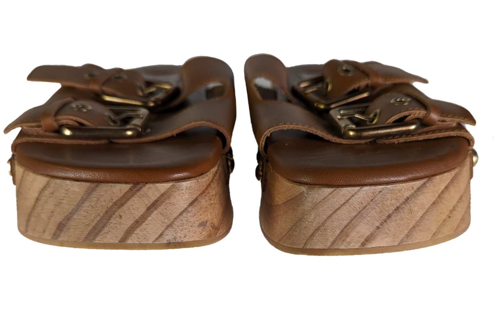 Zara Wood Platform Leather Buckle Slide Size 38 EUC Elevate your style with Zara's Wood Platform Leather Buckle Slides! The gold tone hardware and stud detail add a