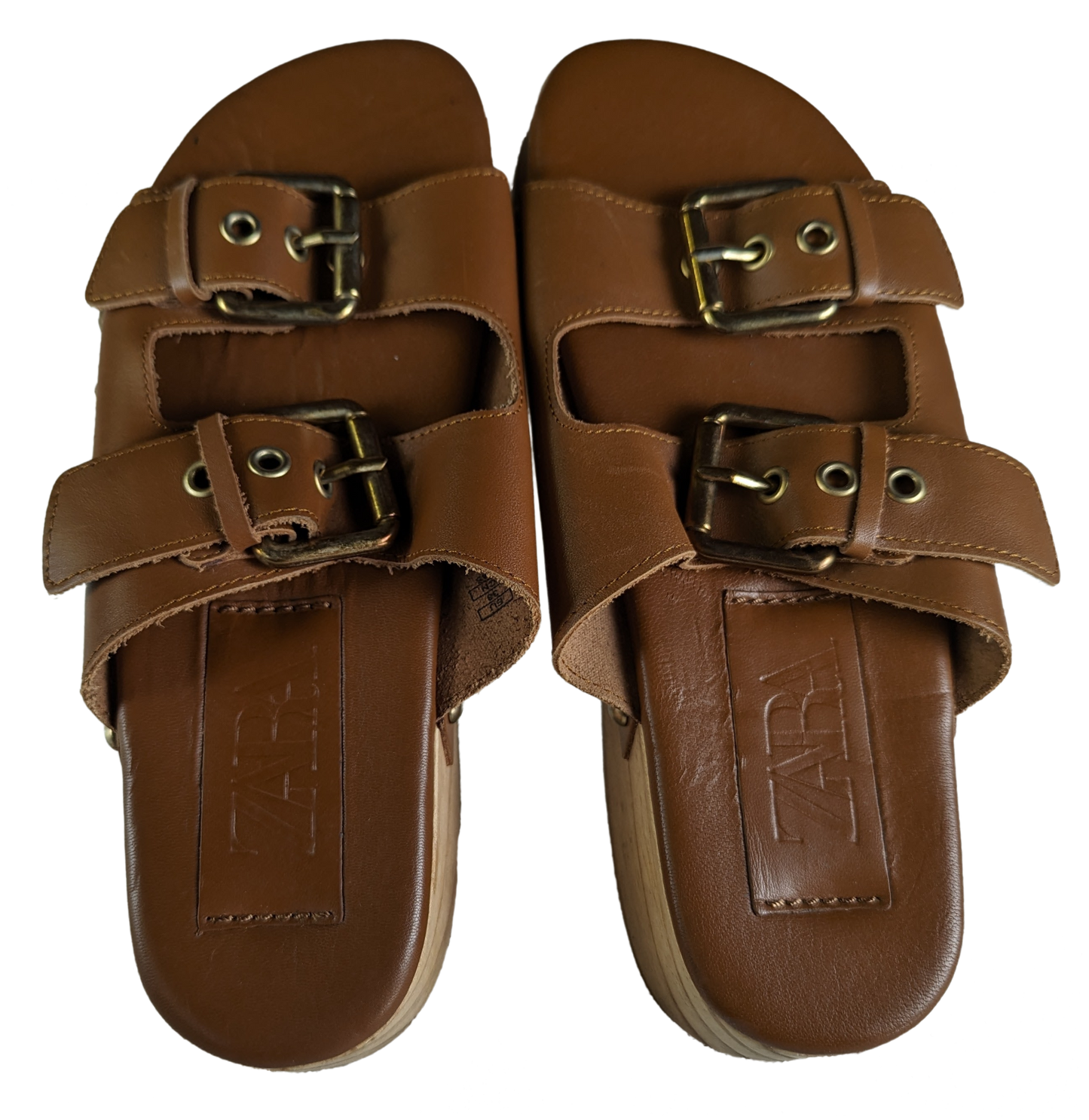 Zara Wood Platform Leather Buckle Slide Size 38 EUC Elevate your style with Zara's Wood Platform Leather Buckle Slides! The gold tone hardware and stud detail add a