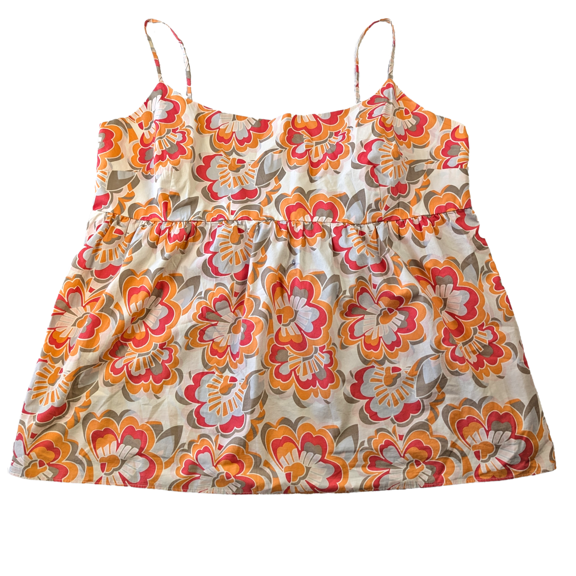 Gap Strappy Babydoll Style Top with Retro Floral Print and Smocked BacAdd a touch of retro charm to your wardrobe with this playful Gap Strappy Babydoll Style Top fe