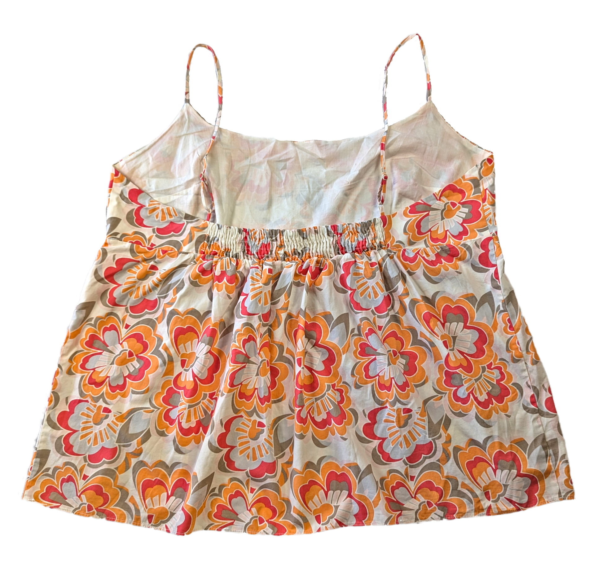Gap Strappy Babydoll Style Top with Retro Floral Print and Smocked BacAdd a touch of retro charm to your wardrobe with this playful Gap Strappy Babydoll Style Top fe
