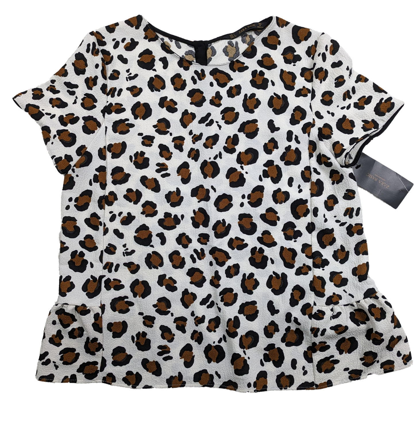 Zara Animal Print Short Sleeve Blouse with Peplum Size Large - NWT Unleash your wild side with our Zara Animal Print Blouse! This playful short sleeve top features a