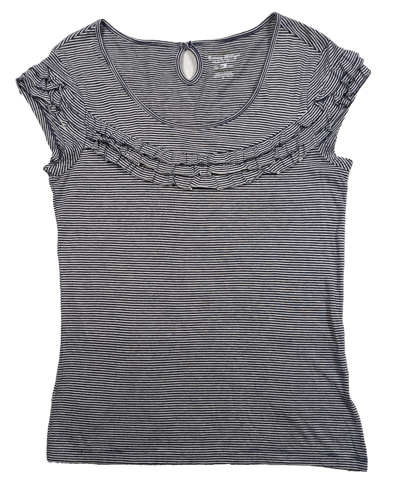 Tommy HIlfiger Striped Cap-Sleeve T Shirt with Ruffle Sleeves Size MStep up your t-shirt game with the Tommy Hilfiger Striped Cap-Sleeve T Shirt! Made with this navy