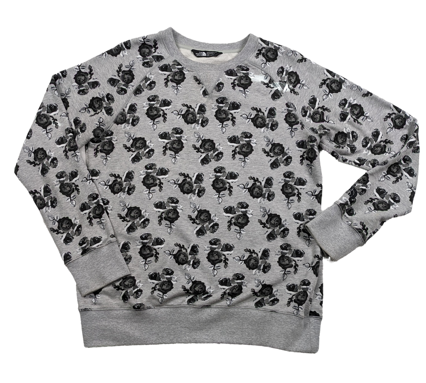 The North Face Gray Sweatshirt with Black Rose Print Size Large Experience the best of both worlds with The North Face Gray Sweatshirt. Keep warm and stylish wi