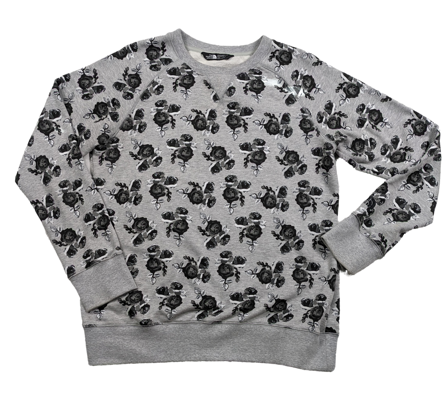 The North Face Gray Sweatshirt with Black Rose Print Size Large Experience the best of both worlds with The North Face Gray Sweatshirt. Keep warm and stylish wi