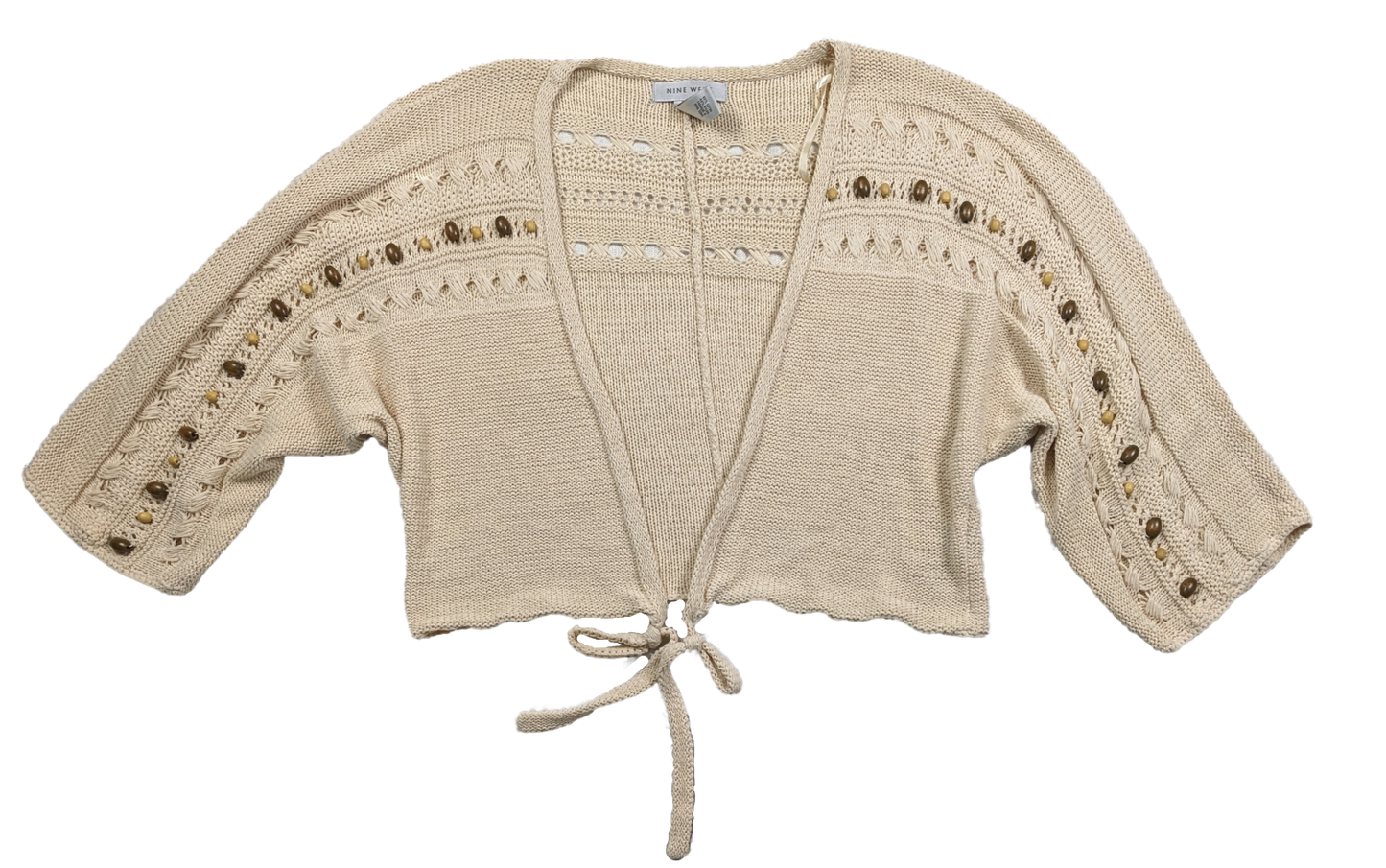 Nine West Crochet Beaded Tie-Front Cardigan size XL Upgrade your wardrobe with this playful Nine West Crochet Beaded Tie-Front Cardigan in size XL. Vintage-inspired