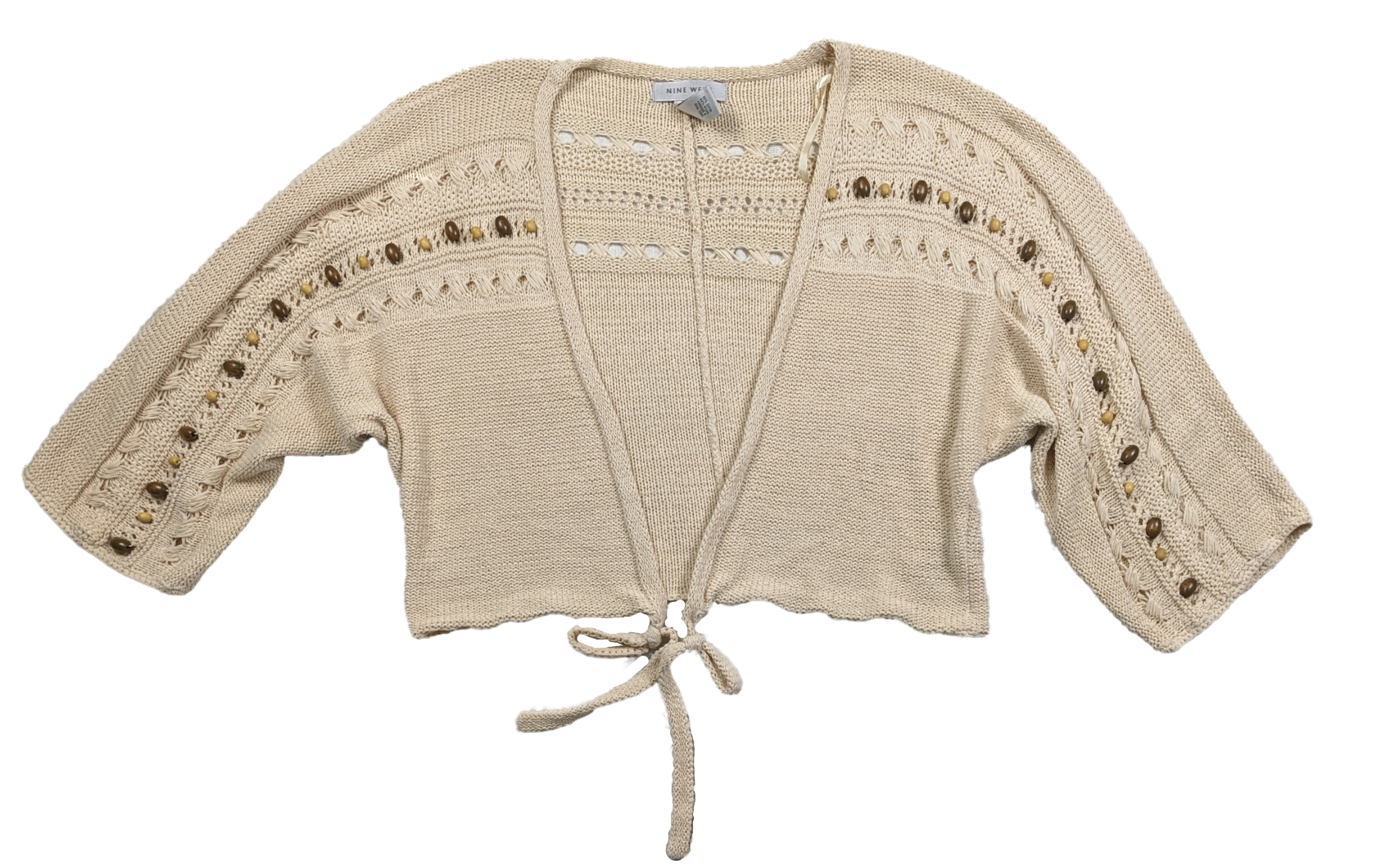 Nine West Crochet Beaded Tie-Front Cardigan size XL Upgrade your wardrobe with this playful Nine West Crochet Beaded Tie-Front Cardigan in size XL. Vintage-inspired