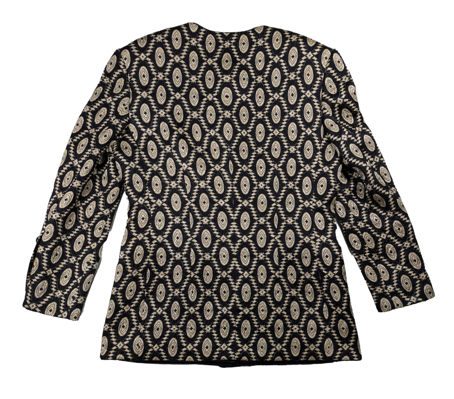 Vintage Escada Black and Gold Geometric Design Blazer Size 40 Discover timeless elegance with our Vintage Escada Black and Gold Geometric Design Blazer. Crafted with