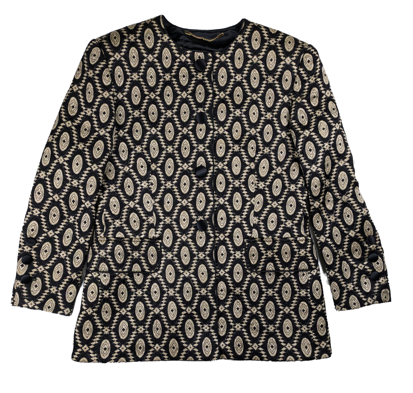 Vintage Escada Black and Gold Geometric Design Blazer Size 40 Discover timeless elegance with our Vintage Escada Black and Gold Geometric Design Blazer. Crafted with