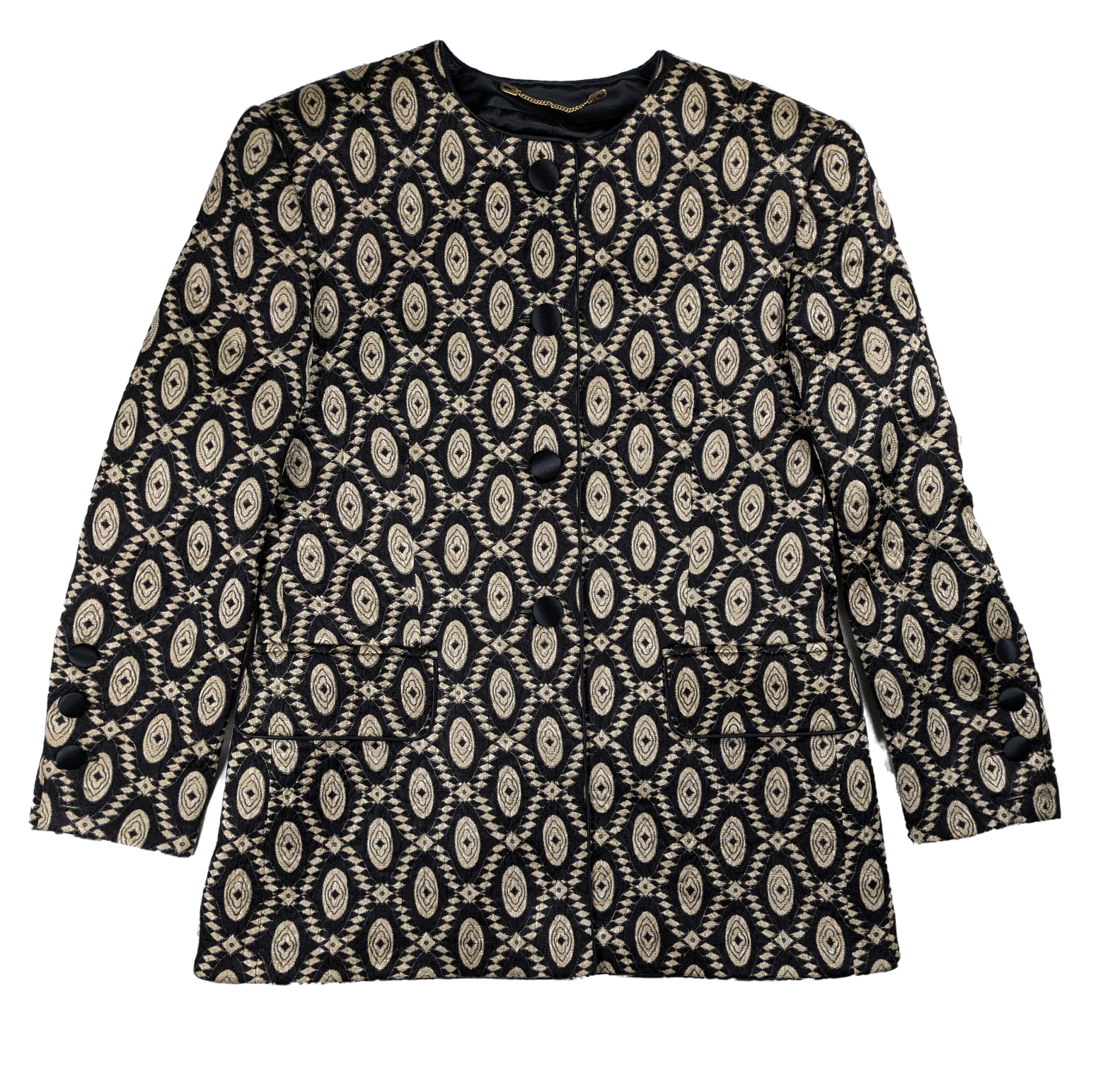 Vintage Escada Black and Gold Geometric Design Blazer Size 40 Discover timeless elegance with our Vintage Escada Black and Gold Geometric Design Blazer. Crafted with
