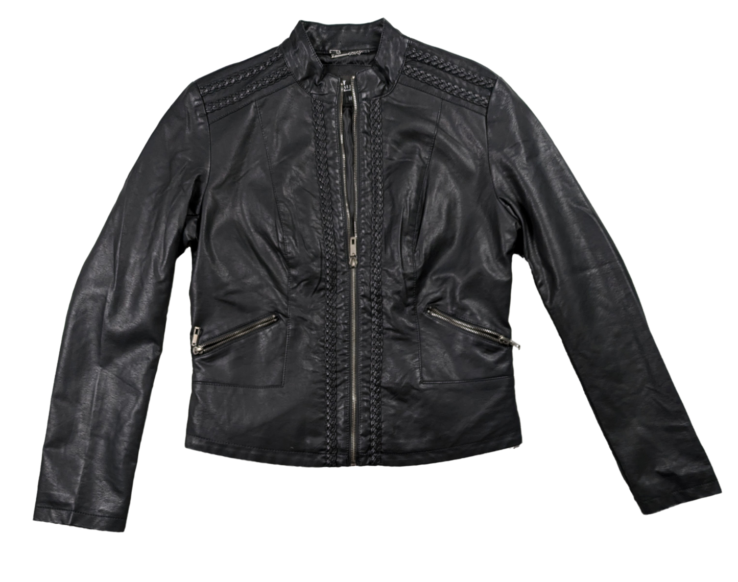LA Coalition Faux Leather Moto Jacket with Braided Embellishments Size M Get ready to rev up your style with this stylish Faux Leather Moto Jacket from LA Coalition