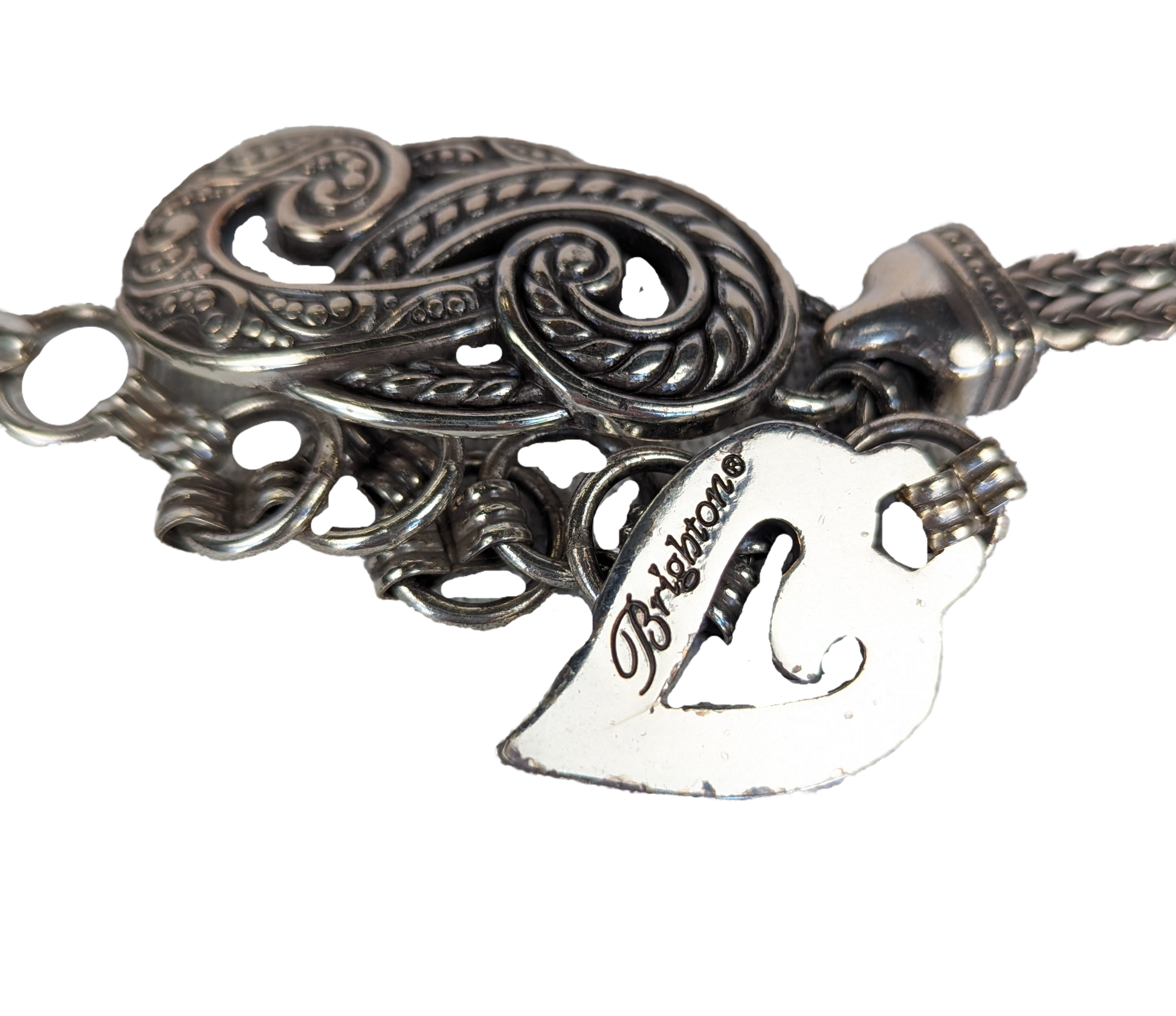 Brighton Bali Hai Silver-tone Chain Belt features two substantial chains with intermittent flourishes and connectors, the same design on the buckle, and the signaturbeltBrighton Bali Hai Silver-tone Chain BeltBrighton Bali Hai Silver-tone Chain Belt