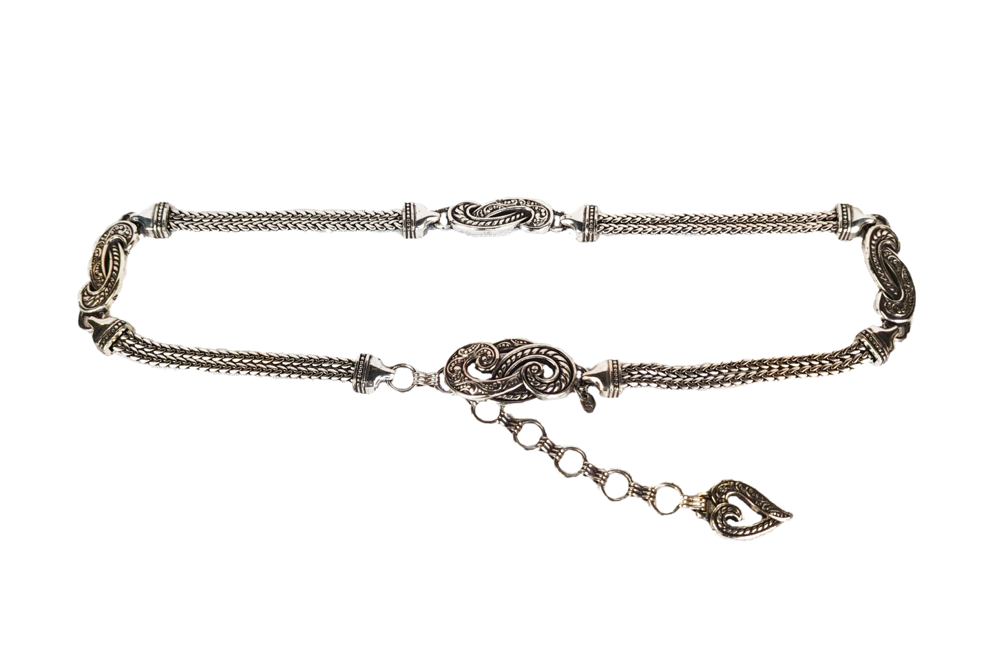 Brighton Bali Hai Silver-tone Chain Belt features two substantial chains with intermittent flourishes and connectors, the same design on the buckle, and the signaturbeltBrighton Bali Hai Silver-tone Chain BeltBrighton Bali Hai Silver-tone Chain Belt