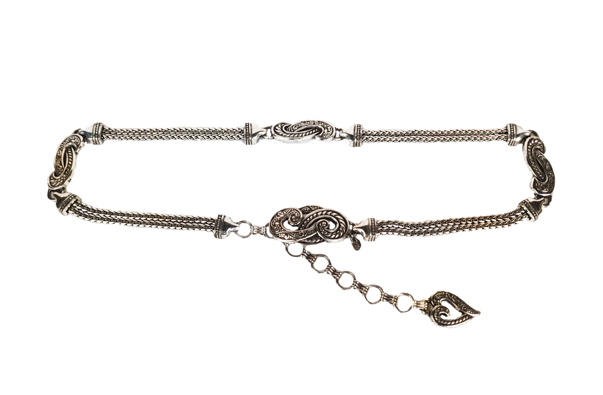 Brighton Bali Hai Silver-tone Chain Belt features two substantial chains with intermittent flourishes and connectors, the same design on the buckle, and the signaturbeltBrighton Bali Hai Silver-tone Chain BeltBrighton Bali Hai Silver-tone Chain Belt