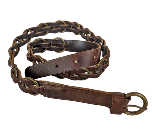 Brown Woven Leather belt with brass details women's Length -30" -34Brown Leather Woven Belt with Brass RingsBrown Leather Woven Belt
