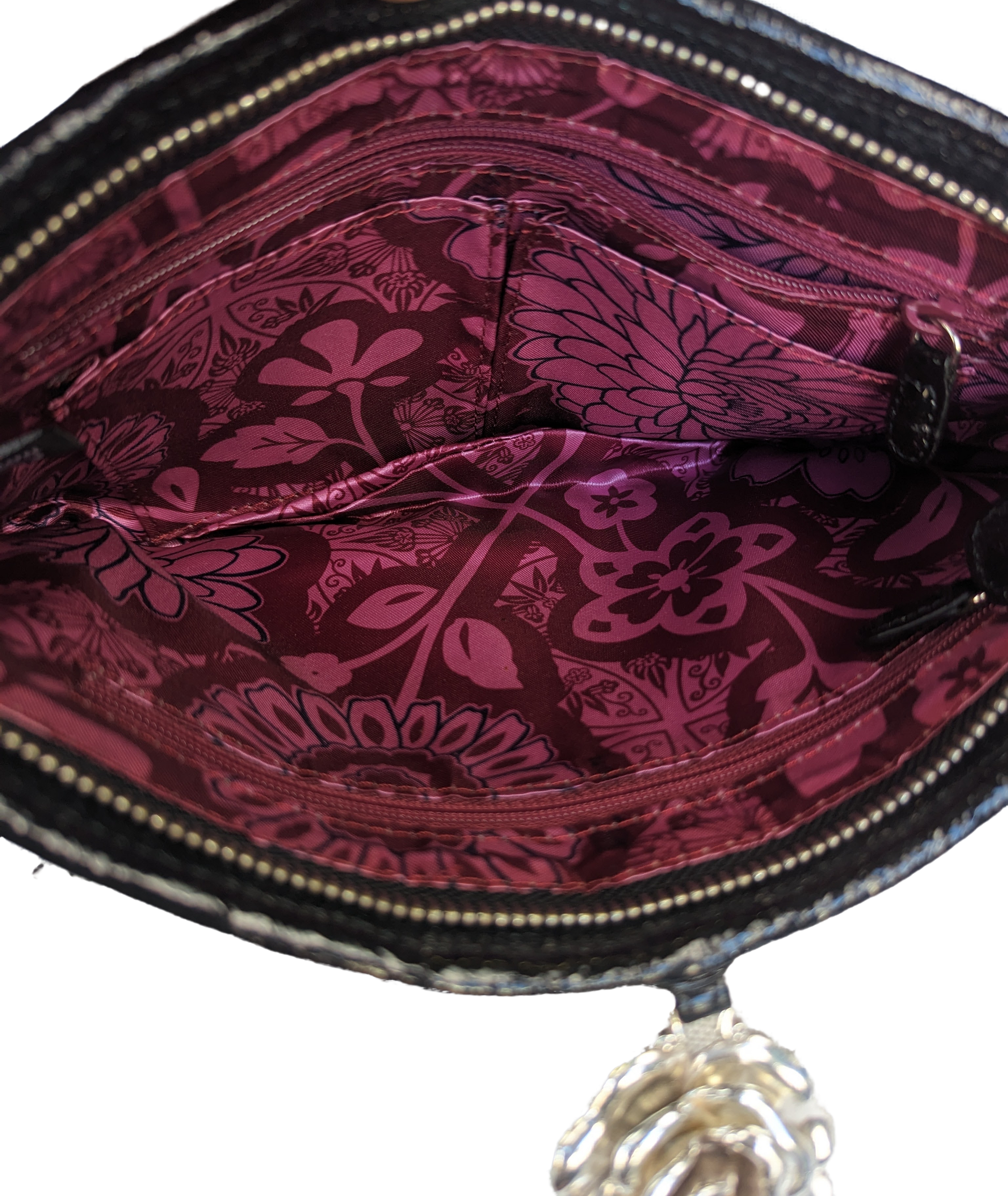 Brighton Black Ruched Nylon Evening Bag with heavy, silver rose detail adorning the front! This is a perfect evening bag to fit all your essentials. It has extra room for lipstPurse, handbagBrighton Black Ruched Nylon Evening BagBrighton Black Ruched Nylon Evening Bag