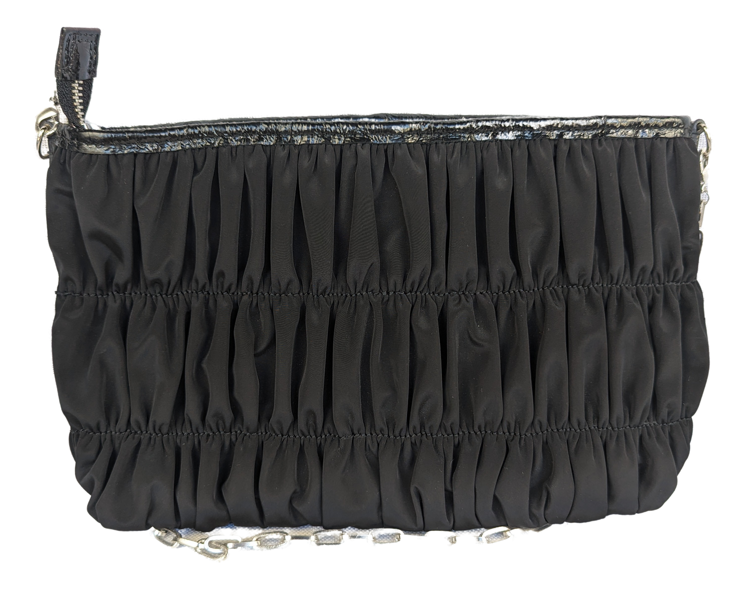Brighton Black Ruched Nylon Evening Bag with heavy, silver rose detail adorning the front! This is a perfect evening bag to fit all your essentials. It has extra room for lipstPurse, handbagBrighton Black Ruched Nylon Evening BagBrighton Black Ruched Nylon Evening Bag