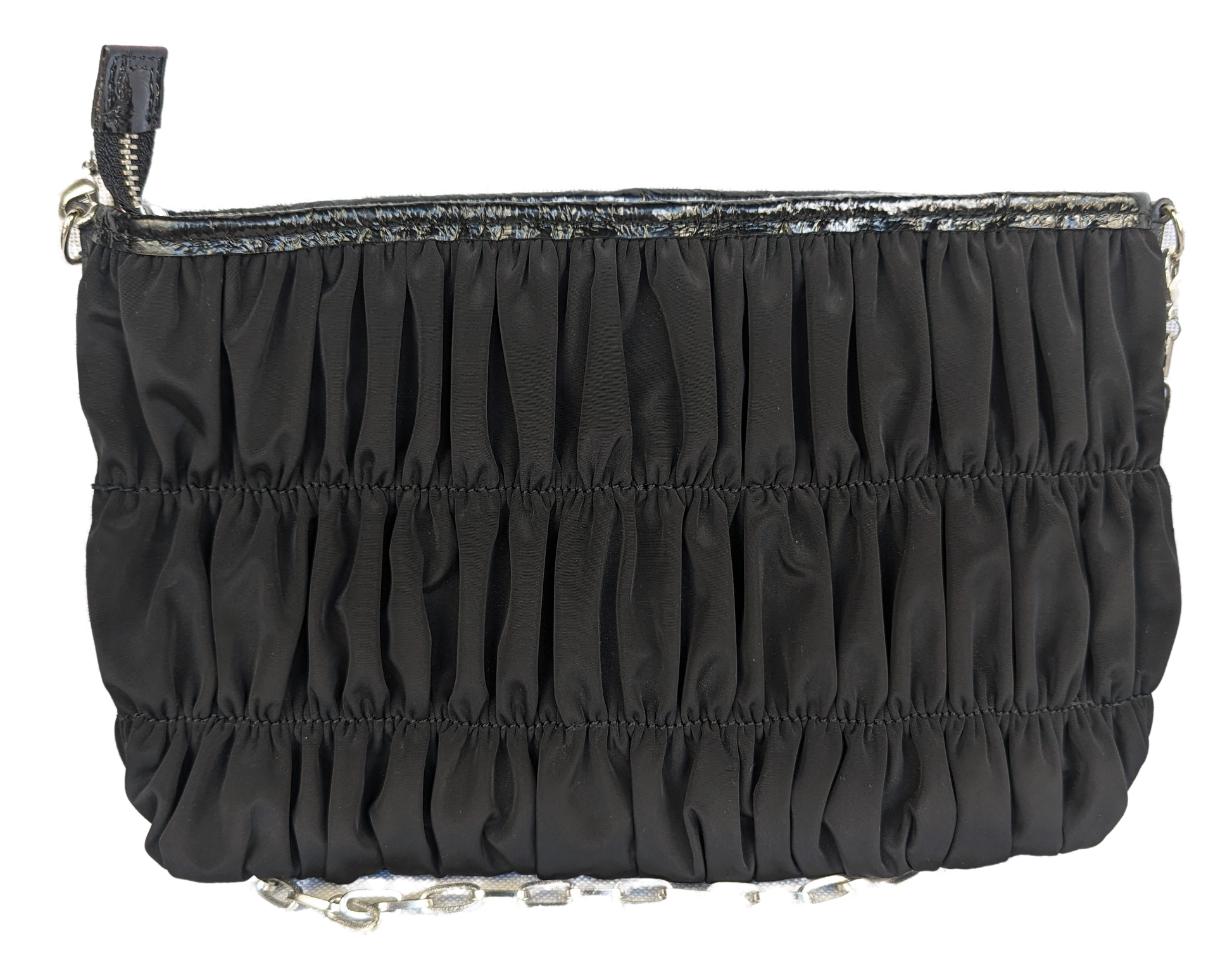 Brighton Black Ruched Nylon Evening Bag with heavy, silver rose detail adorning the front! This is a perfect evening bag to fit all your essentials. It has extra room for lipstPurse, handbagBrighton Black Ruched Nylon Evening BagBrighton Black Ruched Nylon Evening Bag