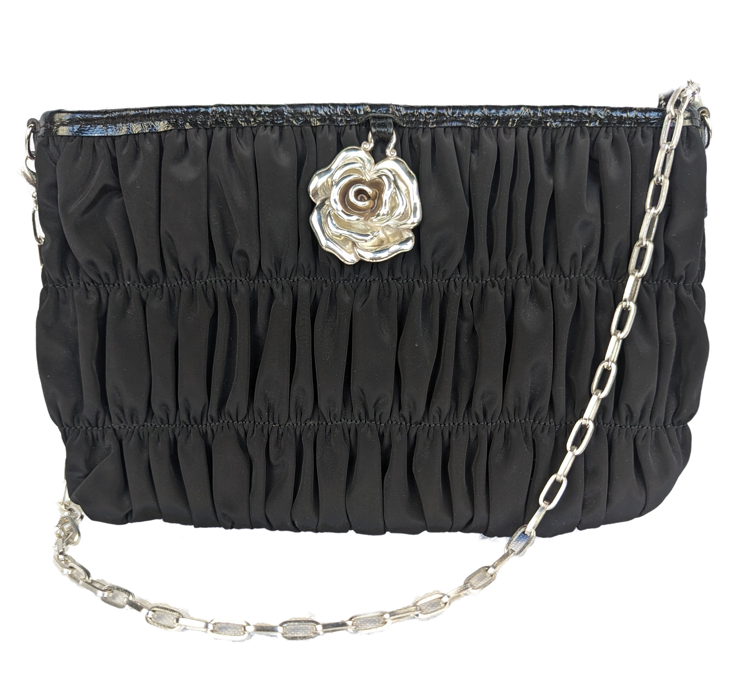 Brighton Black Ruched Nylon Evening Bag with heavy, silver rose detail