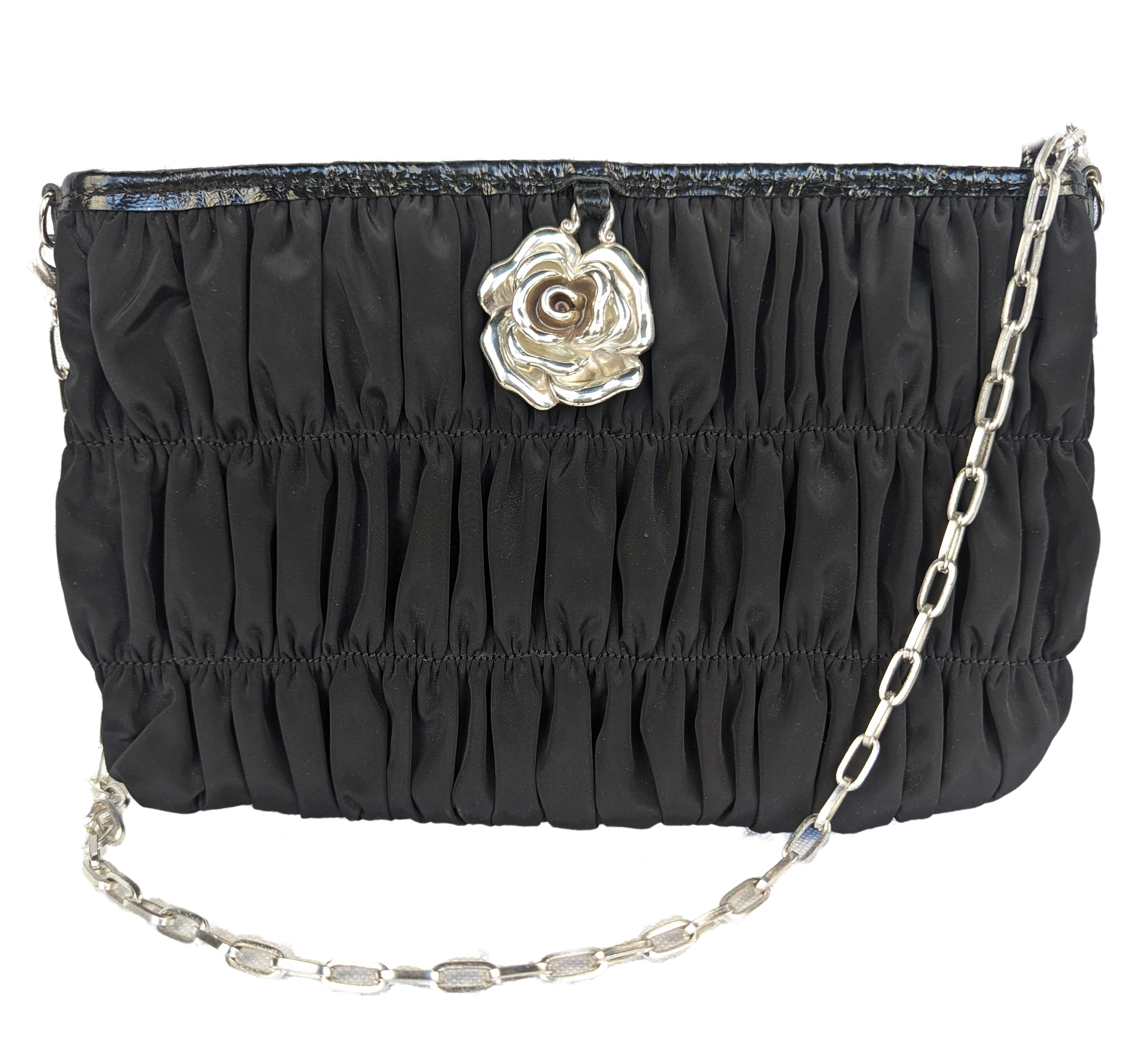 Brighton Black Ruched Nylon Evening Bag with heavy, silver rose detail